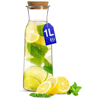 KONZEPT Wasserkaraffe mit Deckel, Glaskaraffe 1 liter, Karaffe ideal für Wasser, Saft, Limonade, Coctails und Milch