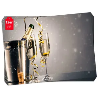 Tischsetmacher Platzset Tischsets I Platzsets Silvesterdeko - Eimer mit Sektflasche silber, (aus Naturpapier in Aufbewahrungsmappe für tolles Ambiente, 12-St., 44 x 32 cm / silber), Tischdeko Made in Germany silberfarben