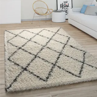 Paco Home Hochflor Teppich Wohnzimmer Schlafzimmer Boho Skandinavisch Shaggy Modern Rautenmuster, Grösse:120 cm Rund, Farbe:Creme 2