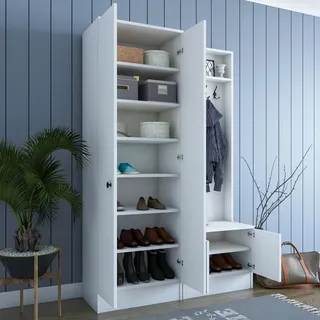 Eingangsm√∂bel Grue, 3 Regale, Garderobe, 4 Türen, 120x37x183h Cm Weiß