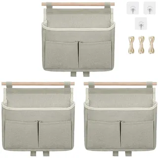 3 Stück Hängeorganizer Hängetasche, Aufbewahrungstasche Hängend, Wand Hängeaufbewahrung, Leinen Stoff Organizer Hängend, Wandorganizer mit Haken für Home, Office, Bad, Kinderzimmer (Grau)