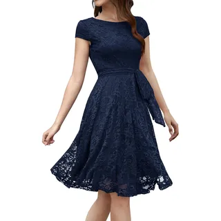 MuaDress 6008 Cocktailkleid Knielang Cape Ärmel Spitzen Brautjungfernkleid Floral Elegant Marineblau S - S