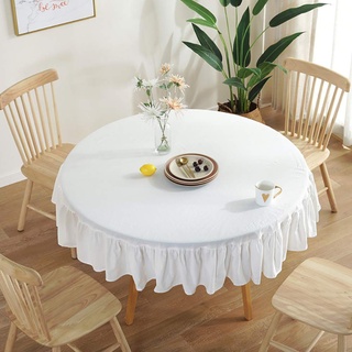 Lanqinglv Tischdecke Rund 120 cm Abwaschbar Einfarbig Baumwolle Tischdecke Hochzeit Weiß mit Rüsche Dekoration Vintage Tischtuch Garten Outdoor Weiss (R120,WT)