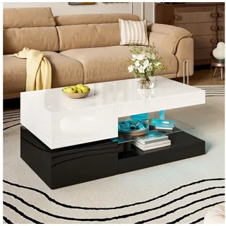 OKWISH Couchtisch Schwarz-Weiß-Design (Satztisch, Beistelltisch, 1-St., Glasablage, Hochglanz-Oberfläche), mit LED-Ambientebeleuchtung, APP- und Bluetooth-Steuerung schwarz|weiß