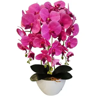 damich 3-Zweig Künstliche Orchidee, Rosa, aus Gummi, mit Weißer Schiffsförmiger Vase, 60 cm