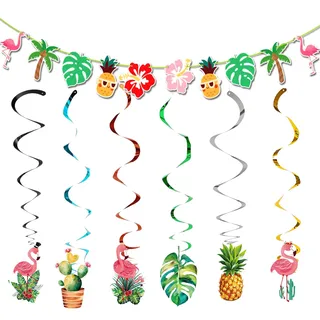 ParPix Hawaii Deko Girlande Spirale Set,Hawaii Party Deko,Hawaii Luftschlangen+Flamingo Blätter Girlande,Sommer Pool Party Deko,Tropische Banner für Geburtstag, Beach,Dschungel,Gartenparty,Sommerparty