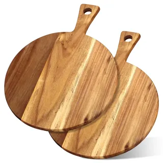 FARYODI 30 cm Pizzabrett Holz, Rund Pizzateller Holz 2 Stück | Pizza Teller Gross Schneidebrett mit Griff, Hause Pizza-Plate, für Pizza, Foccacia oder Brot