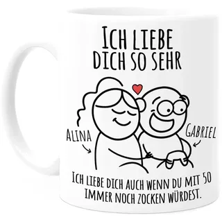 Tassenliebling® Pärchen Tasse personalisiert Weiß - Ich liebe dich so sehr - Zocker Geschenk - Lustiges Geschenk für Männer zum Jahrestag - Liebesgeschenke Mann - Valentinstag