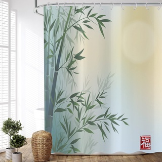 ASDCXZ Duschvorhang Bambus 120x180 cm, Asiatische Chinesische Malerei Grün Bambus Segen Spa Meditation Waschbar Duschvorhänge Polyester Textil Wasserdicht Duschvorhang für Badewanne mit 8 Haken