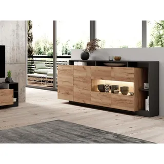 vente-unique Sideboard mit 4 Türen & 4 Ablagefächern - Mit LED-Beleuchtung - Holzfarben hell und Anthrazit - IDESIA