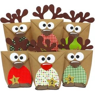 Papierdrachen Adventskalender 2026 - DIY Set Rentiere Rot-Grün | 24 Papiertüten - rot& grüne Muster - inkl. Zubehör - DIY Set zum Basteln & Gestalten - Weihnachtszeit - Verschenken