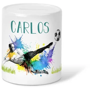 GRAVURZEILE Spardose für Kinder - im Fußballer Design - Personalisiert mit Name - Geschenk mit Fußball Spieler für Jungen & Mädchen zum Geburtstag Kommunion Geburt Einschulung Weihnachten