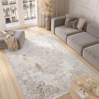TAPISO Valley Teppich Kurzflor Weiß Grau Vintage Blumen Used Effekt Meliert Verwischt Wohnzimmer Schlafzimmer ÖKO-TEX 200 x 300 cm