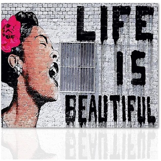 Declea Banksy Life is Beautiful Graffiti Leinwandbild Street Wandkunst Banksy Holzrahmen handgefertigt Bild auf Leinwand aus Baumwolle