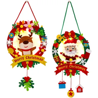 2 Stück Türdeko Weihnachten Filz DIY, Türkranz Weihnachten Außen LED, Bastelset Weihnachten Kinder, Weihnachten Basteln Geschenke, Weihnachtsdeko Amerikanisch Weihnachtskranz Haustür (Elk Nikolaus)