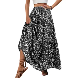 EMOTTOS Rock Lang Damen Sommer, Bedruckter Maxi Skirt Damen Boho Elastische Taille A-Linie Faltenrock Floral Urlaub Sommer, Blau/Schwarz/Gelb S-XL - L