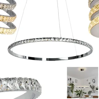 LED Hängeleuchte Avelar, dimmbare Pendellampe aus Metall/Glas/Kristalle in Chrom/Klar, Hängelampe dimmbar über Lichtschalter, (Ø 60 cm), m. dekorativen Glaskristallen, 26 Watt, 3000 Kelvin, 3400 Lumen