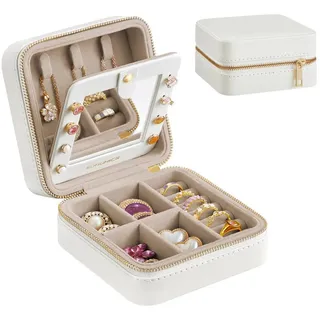 SONGMICS Schmuckkasten Reise, Schmuck-Reiseetui, Spiegel, Reißverschluss, Geschenkidee, Schmuckaufbewahrung tragbar, PU-Bezug, 11,4 x 11,4 x 6 cm weiß