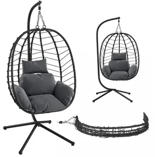 STEELSØN Hängesessel Alarian höhenverstellbar und faltbar (dunkelgrau/schwarz, mit Gestell und Sitzkissen, bis 150 kg belastbar), mit großem Korbsitz für indoor & outdoor, aus Polyrattan schwarz
