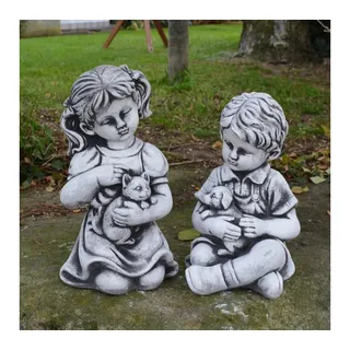 gartendekoparadies.de Gartenfigur Junge und Mädchen mit Tieren, Steinfiguren, H. 24/26 cm, je 4 kg, Frostsicher grau
