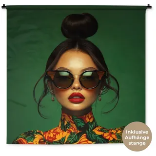 MuchoWow Wandteppich Frau - Grün - Modern - Brille - Abstrakt, Quadratisch, Höhe: 3 mm, Wand Teppich Wohnzimmer, Schlafzimmer, 150x150 cm grün Quadratisch | 150 cm x 150 cm x 3 mm