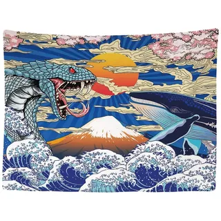 Ulticool Whale Snake Art Japan Wandteppich, 200 x 150 cm, großer Wandteppich, Poster, Stoffbekleidung, Zubehör für Schlafzimmer, Wohnzimmer, Schlafzimmer