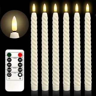 6 Pack LED Stabkerzen,Flammenlose LED Kerzen mit Fernbedienung & Timerfunktion,Batteriebetriebene Led Kerzen für Weihnachten, Hochzeit, Tischdeko, Fensterdeko,25.5cm Elfenbein Spiralform,Beige