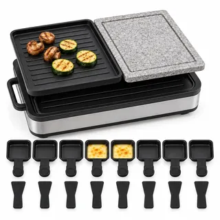 Raclette 8 Personen Set - Mit Tischgrill & Grillplatte & Steinplatte Funktion - inkl. Pfännchen & Schaber - 1400 Watt - ECKIG