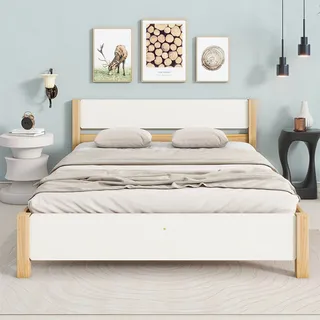 Chingnimon Doppelbett 140x200 Aus Kiefer, Weiß + Natur, Mdf-kopf-/fußteil, 15 Latten, Zentraler Fuß Mit 3 Stützen, Stabiles Gestell