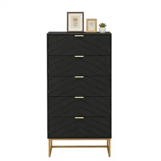 UEV Kommode mit 5 Schublanden, Sideboard, Schubladenschrank, Schmal kommode modern (60x34x110cm, Schrank für Wohnzimmer Schlafzimmer Flur Büro), mit Kippschutz Aufbewahrungskommode, Mehrzweckschrank aus Holz schwarz