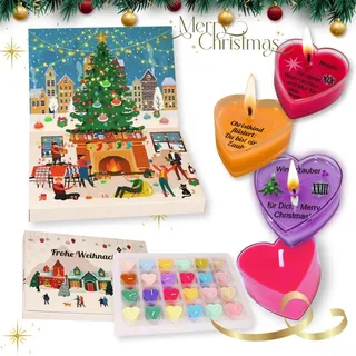 Adventskalender Duftkerzen – 24 Herz-Teelichter aus Sojawachs mit versteckten Botschaften, 24 Winterdüfte, Geschenkbox für Frauen, Brenndauer c...