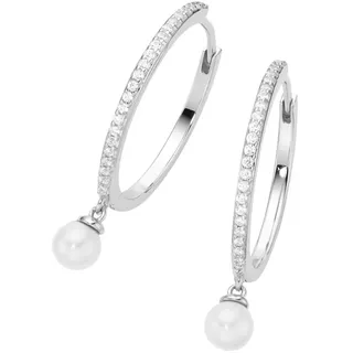 Giorgio Martello Milano Klappcreolen mit weißen Muschelkern-Perlen und Zirkonia, Silber 925 Ohrringe Silber Damen
