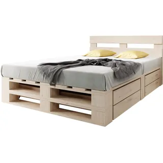 Lermowood Palettenbett M2 aus Holz 180 x 200 cm Natur mit Kopfteil und 2 Bettkästen Holzbett 40cm Stabiles Seniorenbett Kinderbett Jugendbett Gästebett erhöhtes Bettgestell Futon Komforthöhe Naturholz