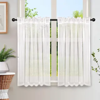 Heveer Scheibengardine Halbtransparente Vorhänge Weiß Halb Bistrogardine Fenstervorhang Deko für Wohnzimmer Küche Landhaus 2er Set 65x90 cm