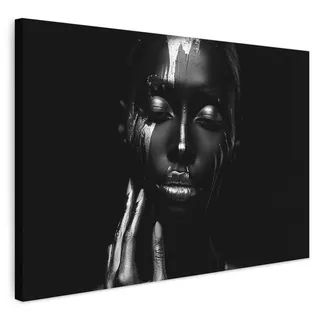 MuchoWow© Wandbilder Groß XXL Schlafzimmer Home Deko Wohnung Bild | 120x80 cm - Wohnzimmer Fotoleinwand Wand Bilder Leinwand Wall Decor Frau - Silber - Malerei - Schwarz und weiß - Porträt