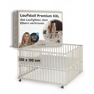 Sämann Baby Laufstall aus Holz I Baby Laufgitter 120x120 cm Sahara Dust I Robuster & höhenverstellbarer Laufstall aus Buchenholz I Mit gummierten Rollen & TÜV geprüft
