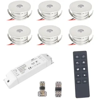 VBLED® 6er Funk Set 3W Mini-Einbauspot Einbaustrahler warmweiß IP44 12V DC Inkl.LED Trafo, Fernbedienung und Verbinder Unbegrenzte Möglichkeiten: Terrasse, Bad, Wohnbereich