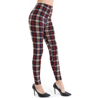 Aventy Damen Leggings mit Karomuster, elastisch, volle Länge, Rot Gr. One size , Khaki Tartan - Einheitsgröße