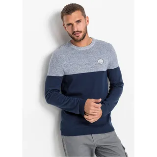 Strickpullover BONPRIX "Feinstrickpullover im Colourblocking mit Baumwolle", Herren, Gr. 52/54 (L), blau (indigo meliert, dunkelblau), Feinstrick, Obermaterial: 50% Baumwolle, 50% Polyacryl, regular fit hüftbedeckend, Rundhals, Strickbündchen, Pullover Strickpullover, aus Baumwolle und Polyacryl, mit Rundhalsausschnitt, Regular Fit