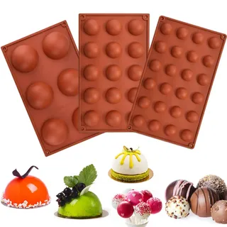 RMENOOR Backform Halbkugel 3 Stück Rund Silikonform Pralinenform Kugel Flexible Schokoladenform Silikon Tafel Bakeware Set für Kuchen Gelee Pudding Süßigkeiten Schokolade