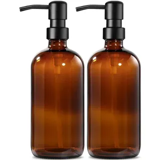 Seifenspender Glas Braun 500ml Edelstahlpumpe 2er Set für Küche Bad Dusche