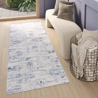 TAPISO Sky Teppichläufer Kurzflor Modern Creme Blau Grau Meliert Design Vintage Wohnzimmer Schlafzimmer Patchwork 3D Optik ÖKOTEX 80 x 300 cm