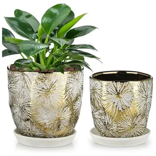 LuxusKollektion Blumentopf Blumentöpfe 2er Set Keramik Abflussloch 14.5cm 12cm Silber+gold bunt