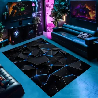 RUILBJM Gaming Teppich, 3D Cool Visuell Geometrisch Neon Muster Teppich, Weich Flanell rutschfest Bodenmatte, Geeignet für Wohnzimmer, Schlafzimmer, Jugendzimmer Gaming-Zimmer (Schwarz,140x200cm)