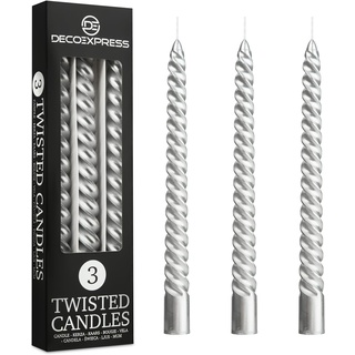 DECO EXPRESS Spiralkerzen Set 3er oder 6er, Gedrehte Stabkerzen Bunte Kerzen 25 cm x 2.2 cm, Brenndauer 6 Stunden - Candles Aesthetic (Silber, 3er-Pack)