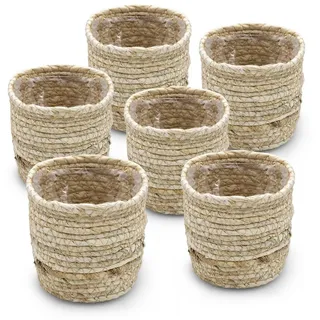 Spetebo Blumentopf Mini Blumentopf aus Grasgeflecht 10 cm - 6er Set (Set, 6 St., Mini Pflanzkorb), Pflanzgefäß aus Naturfasern mit Folie ausgekleidet beige