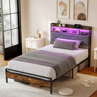 Bett 90x200 Cm – Einzelbett 90x200 – Industrial-stil – Bettrahmen Mit Rgb-leds, Usb-typ-c-anschlüssen Und Stauraum – Dunkles Holz