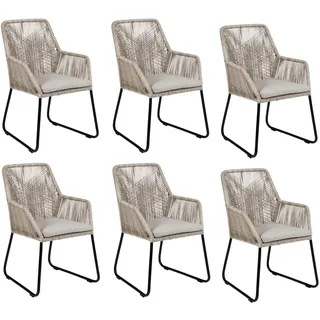 Mona Gartenstühle Rope 6er Set - Sand - mit Armlehnen & Rückenlehne - Inklusive Sitzkissen - Aluminium Bein - Skandinavisches Design