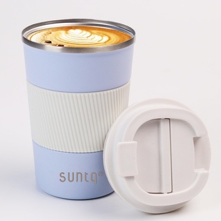 SUNTQ Kaffeebecher to go Thermo aus Edelstahl - Thermobecher mit Gummierte Manschette Doppelwand Isoliert - Kaffeetasse mit Auslaufsicherem Deckel Wiederverwendbar 380ml Blau/Weiß