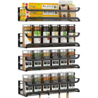 TRAYINDALY Gewürzregal Wand Ohne Bohren, 4 Pack Gewürz Organizer mit beweglichen 4 Haken, Gewürzregal Hängend mit kleben und Schrauben,Metall Spice Rack für Küchen Wand & Schranktür